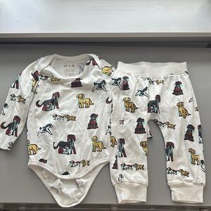 Dog Print Baby Bodysuit & Pants Set - White with Yellow, Teal, Burgundy Puppies